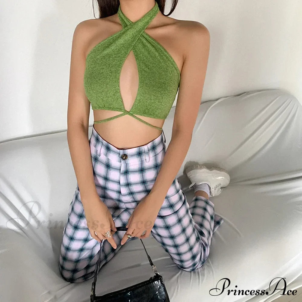 Green Bandage Halter Crops For Women Sleeveless Backless Club Party Chic Wrap Cropped Slim