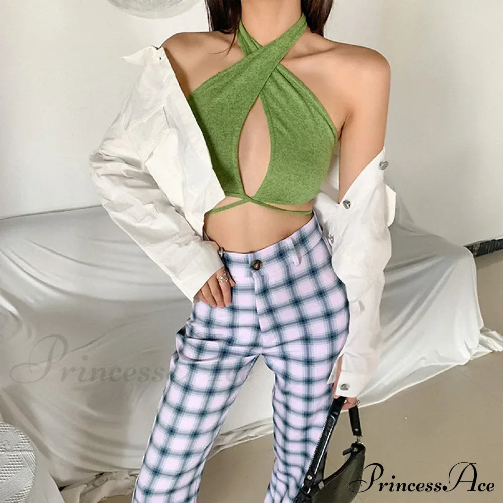 Green Bandage Halter Crops For Women Sleeveless Backless Club Party Chic Wrap Cropped Slim