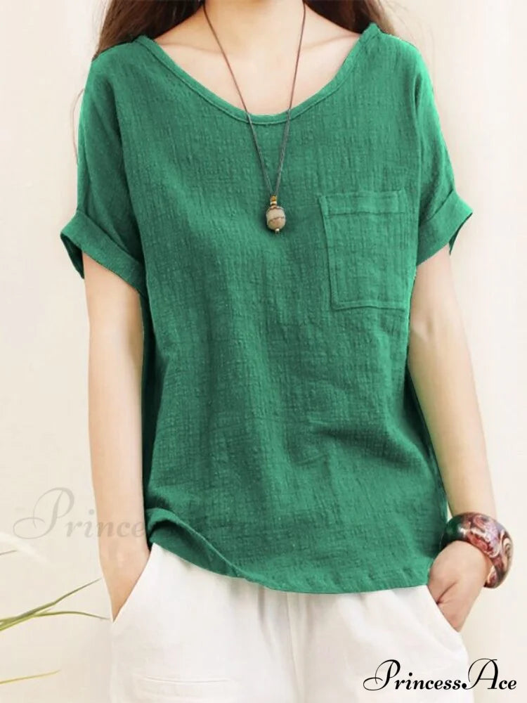 Green Brief Solid Blouse Arm Women Linen 5Xl Cotton Casual 2024 O Neck Oversize Warm-Season Lady