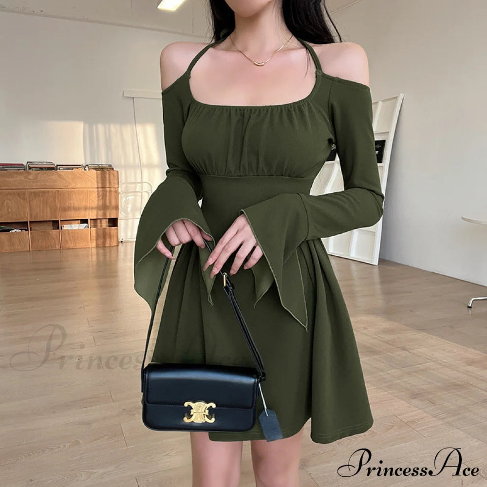 Green Cold Shoulder Dress With Fairycore Vibes L / Long Sleeve Skater Dress