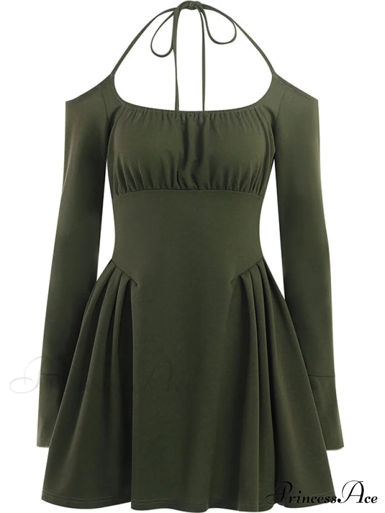 Green Cold Shoulder Dress With Fairycore Vibes M / Black Long Sleeve Skater Dress