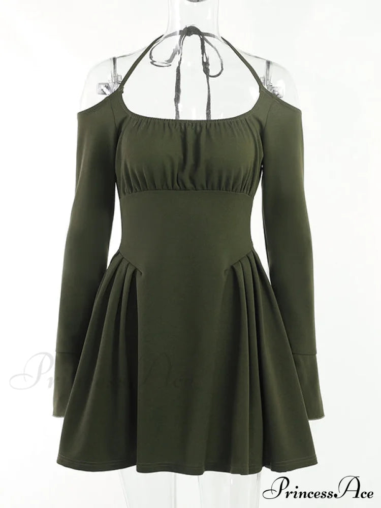 Green Cold Shoulder Dress With Fairycore Vibes S / Long Sleeve Skater Dress