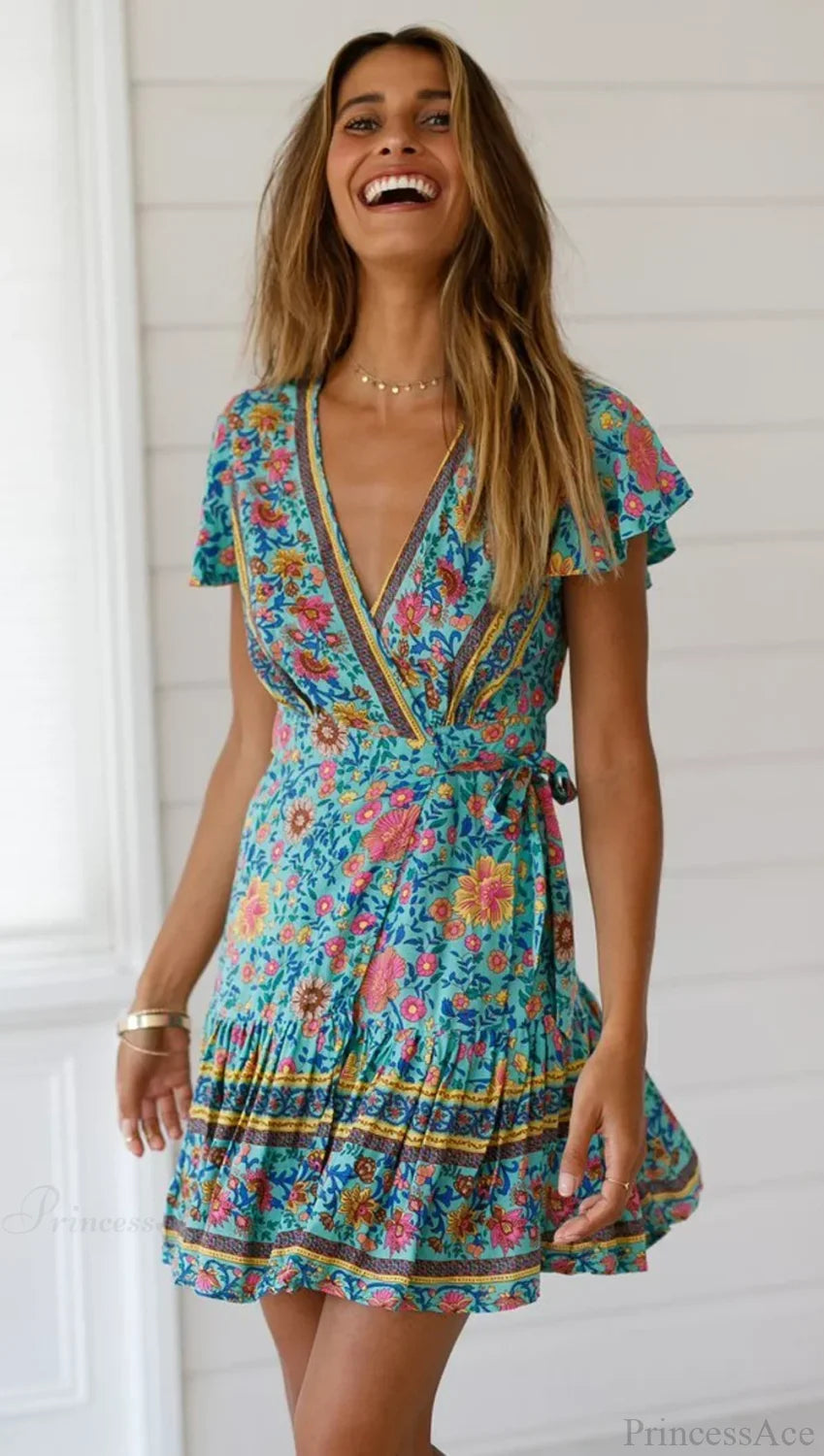 Green Floral Deep V-neck Boho Sundress Green / S bohodress-250126