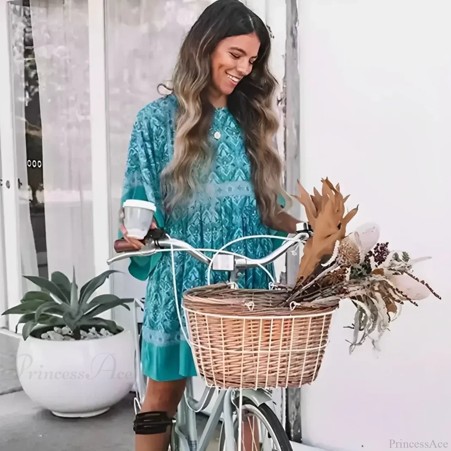 Green Floral Print Loose O-neck Batwing Sleeve Mini Boho Dress bohodress-250126