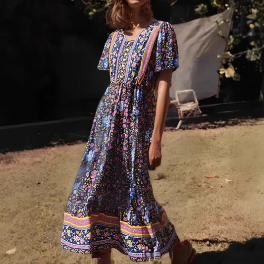 Green Floral Print Ruffles Sleeve Tassel V-neck Rayon Maxi Boho Dress navy / S bohodress-250126