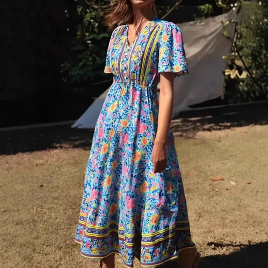 Green Floral Print Ruffles Sleeve Tassel V-neck Rayon Maxi Boho Dress Green / S bohodress-250126