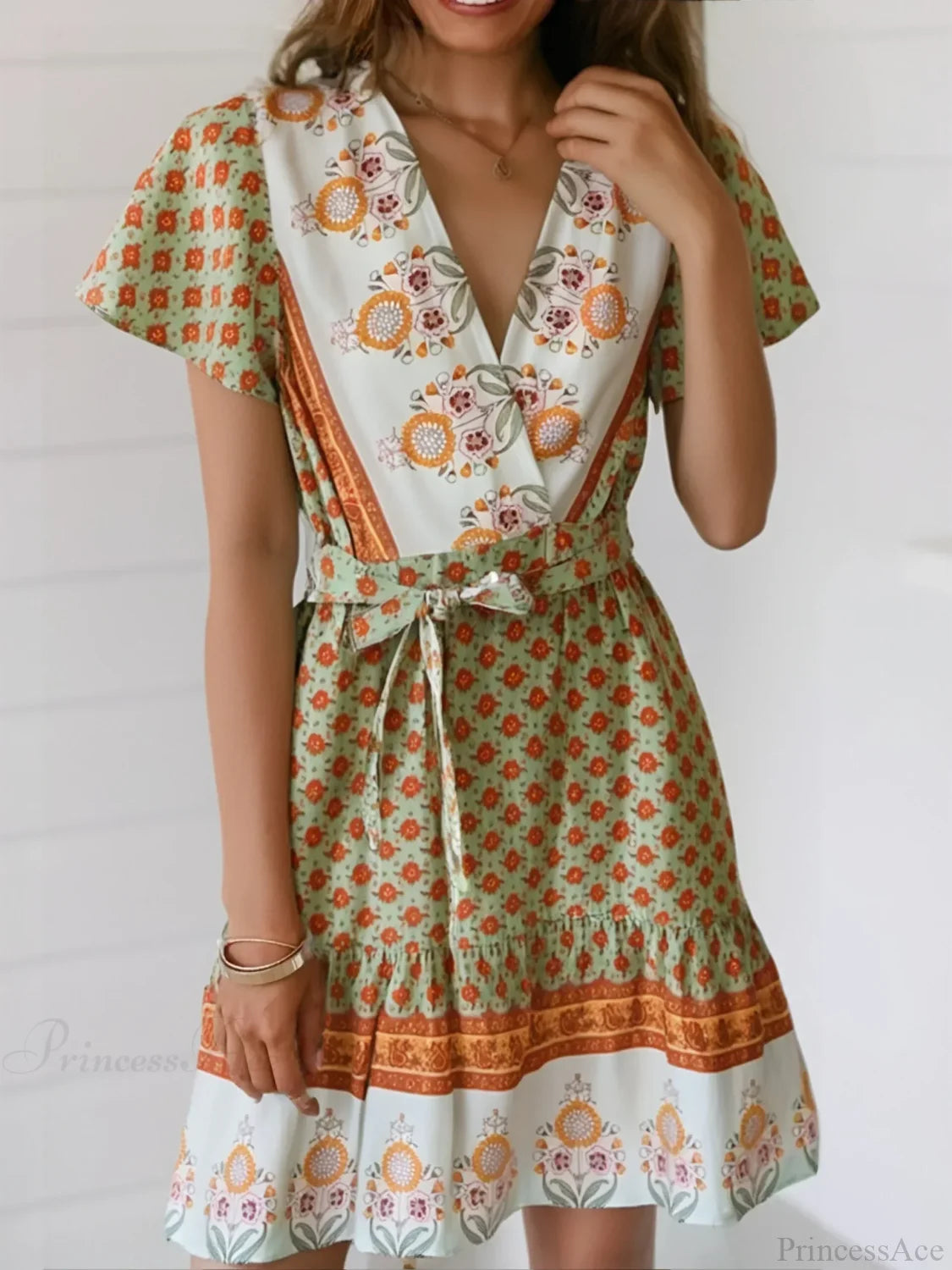 Green Floral Print Wrap Short Sleeve Vacation Mini Boho Dress Green / S bohodress-250126