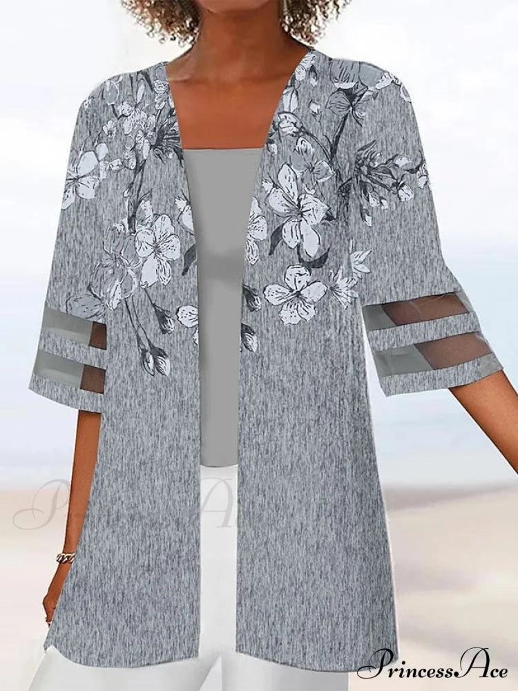 Green Half Design Blouse Graphic Neck Blue Boxy Arm Flowered Casual Black Festive Regular Women’s