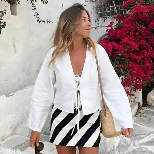 Green Linen Lace-Up Long Sleeve V-neck Blouse White / S blouse-250126