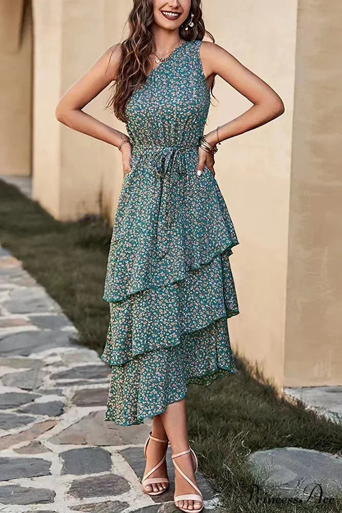 Green One Shoulder Ruffle Trim Dress With Print L / Black One Shoulder Print Maxi Dress