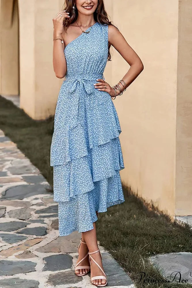 Green One Shoulder Ruffle Trim Dress With Print L / Red One Shoulder Print Maxi Dress