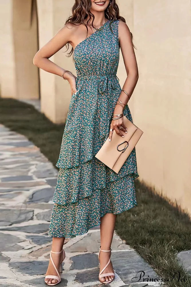 Green One Shoulder Ruffle Trim Dress With Print S / Black One Shoulder Print Maxi Dress