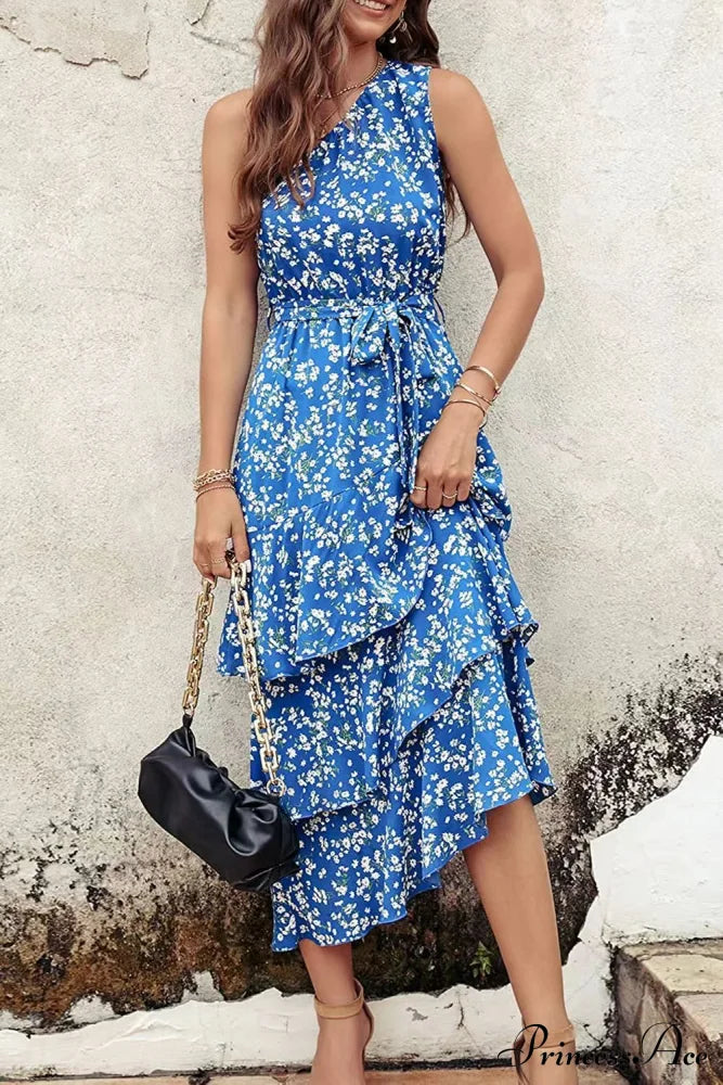 Green One Shoulder Ruffle Trim Dress With Print S / Light Blue One Shoulder Print Maxi Dress