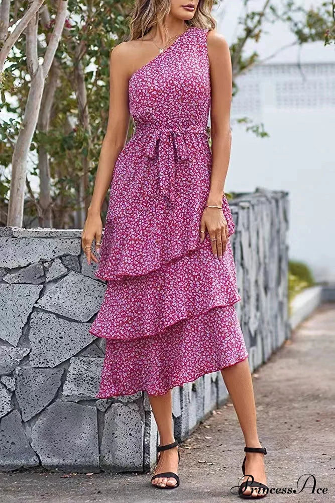 Green One Shoulder Ruffle Trim Dress With Print S / One Shoulder Print Maxi Dress