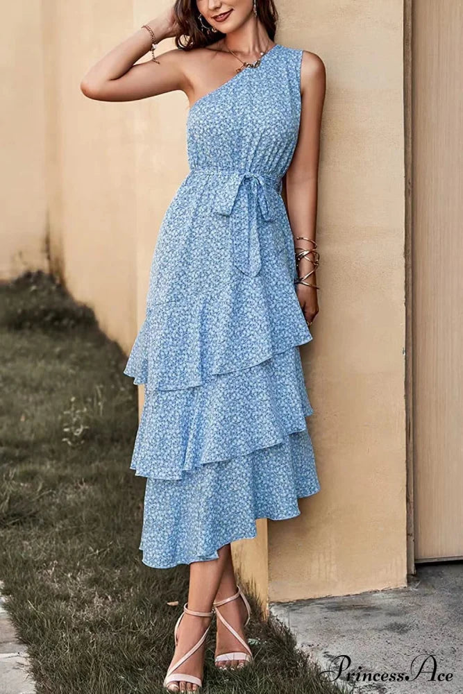 Green One Shoulder Ruffle Trim Dress With Print S / Red One Shoulder Print Maxi Dress