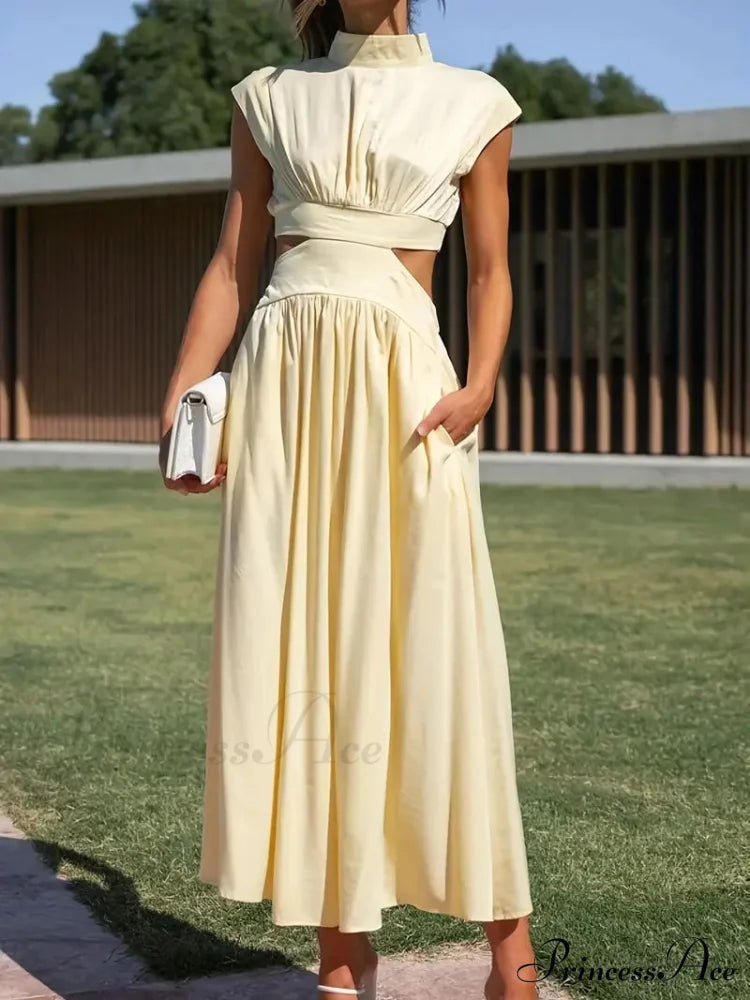 Green Pleated Maxi Dress With Cut Out High Collar M / Blue Maxi Dress