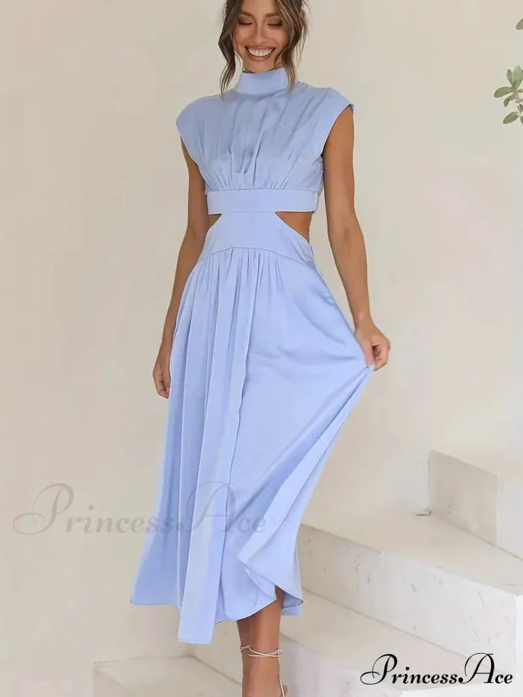 Green Pleated Maxi Dress With Cut Out High Collar S / Blue Maxi Dress