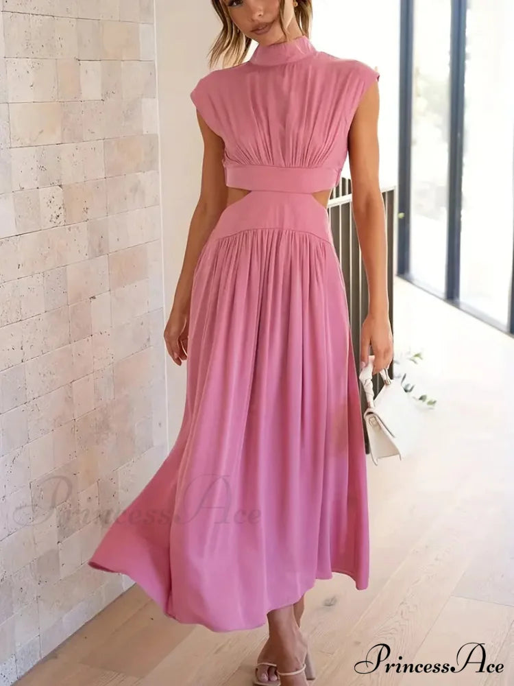 Green Pleated Maxi Dress With Cut Out High Collar S / Pink Blue Maxi Dress