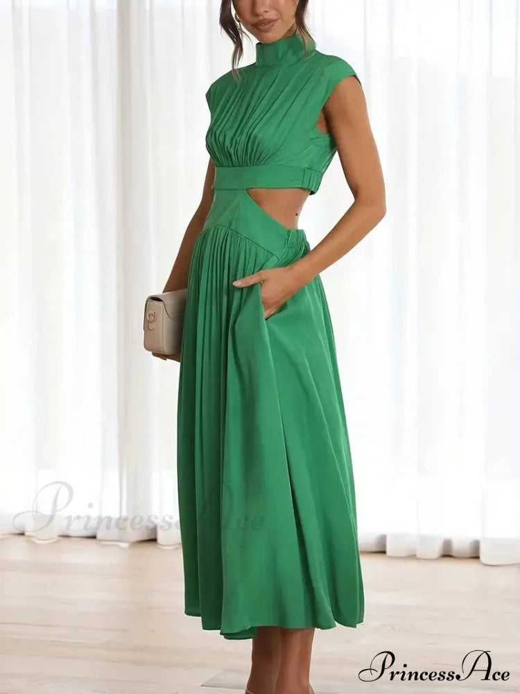 Green Pleated Maxi Dress With Cut Out High Collar S / Yellow Blue Maxi Dress