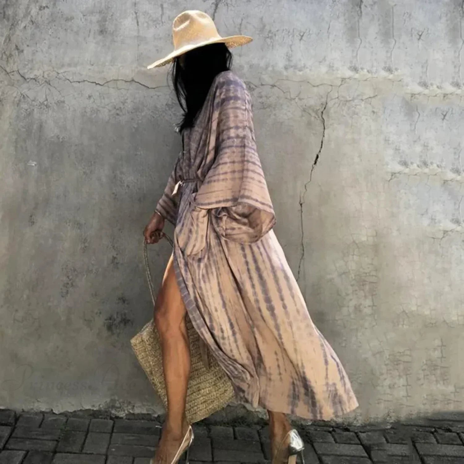 Green Printed Silky Kimono Robe Boho Cover up bohocoverup-250126