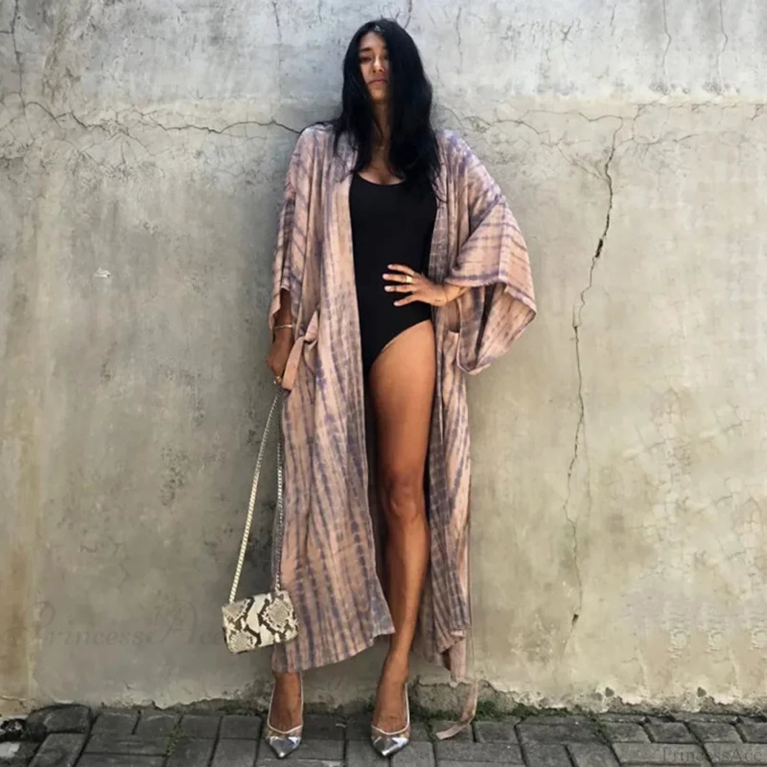 Green Printed Silky Kimono Robe Boho Cover up Pink / One Size bohocoverup-250126