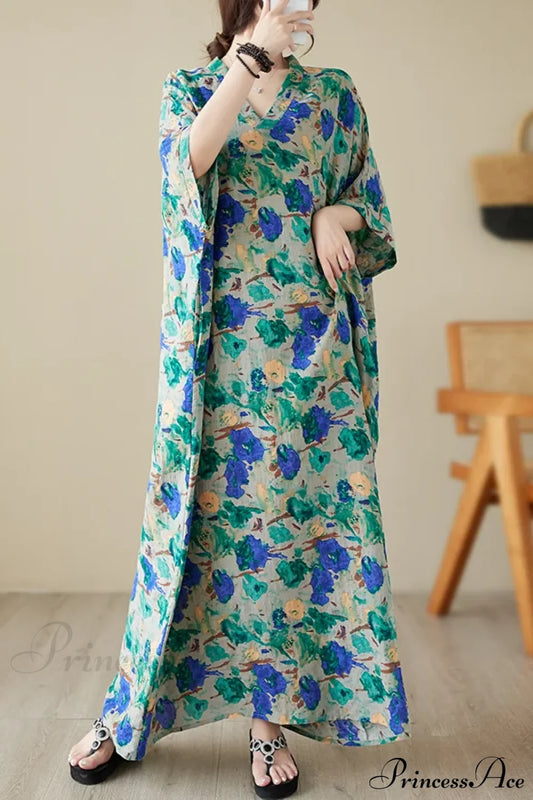 Green Red Cotton Linen Print Batwing Sleeve Retro Boho Dress