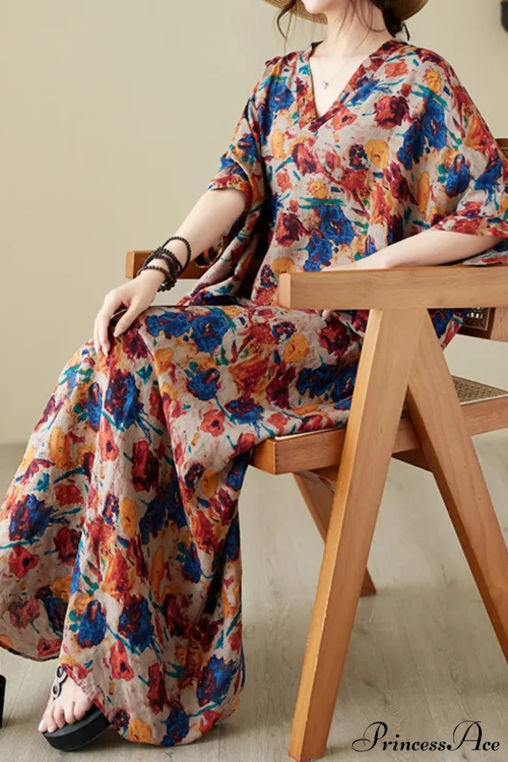 Green Red Cotton Linen Print Batwing Sleeve Retro Boho Dress