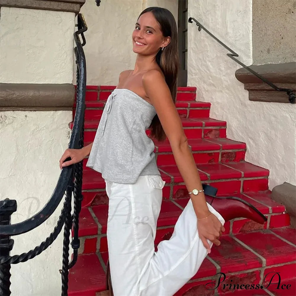 Grey Bow Tube Charming Jersey Crop Top Tops