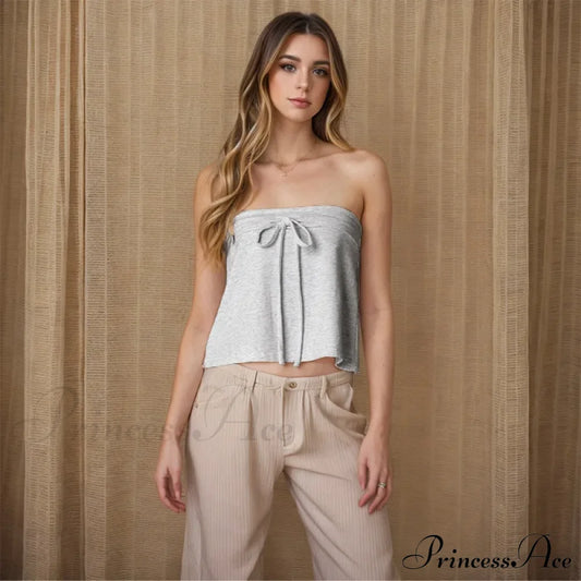 Grey Bow Tube Charming Jersey Crop Top Tops