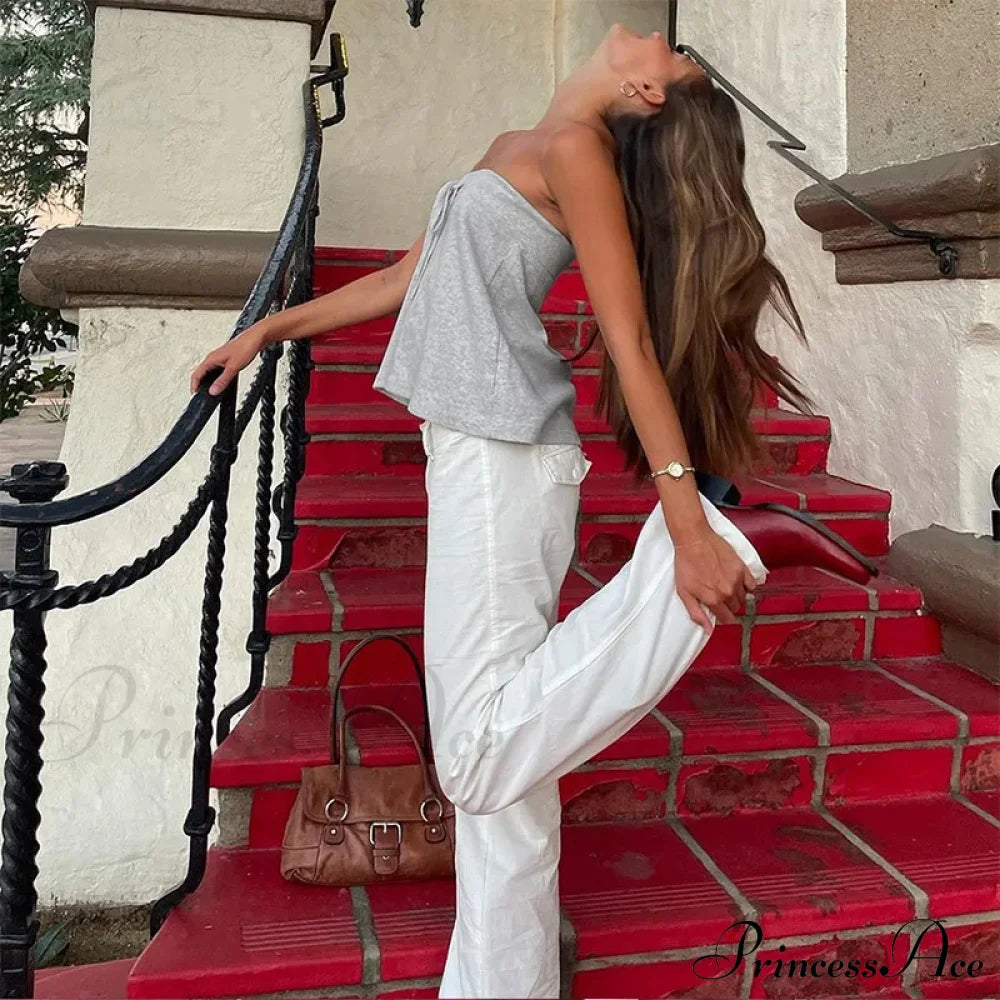 Grey Bow Tube Charming Jersey Crop Top Tops