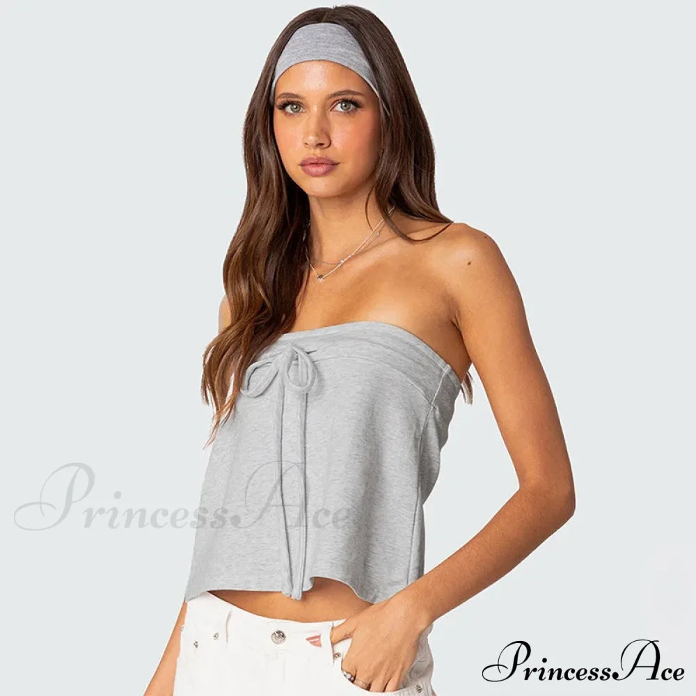 Grey Bow Tube Charming Jersey Crop Top Tops