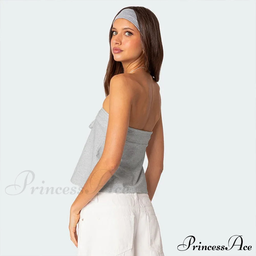 Grey Bow Tube Charming Jersey Crop Top Tops