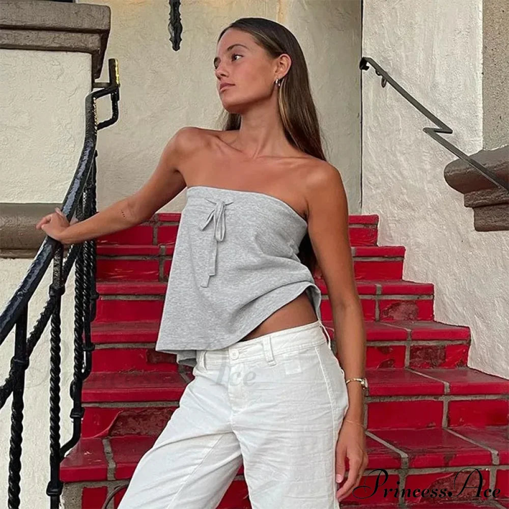 Grey Bow Tube Charming Jersey Crop Top Tops