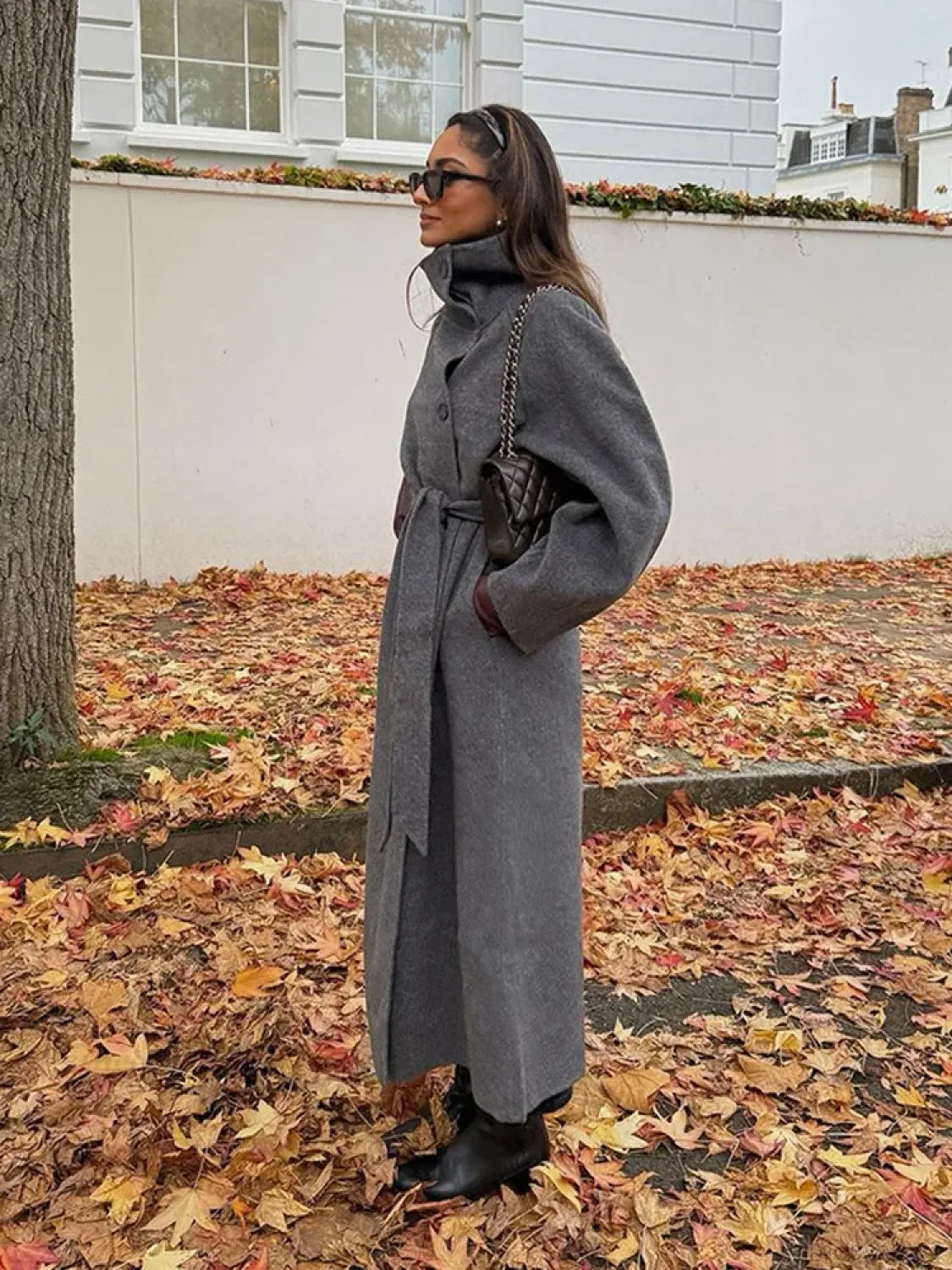 Grey High Collar Long Woolen Coat Grey / S