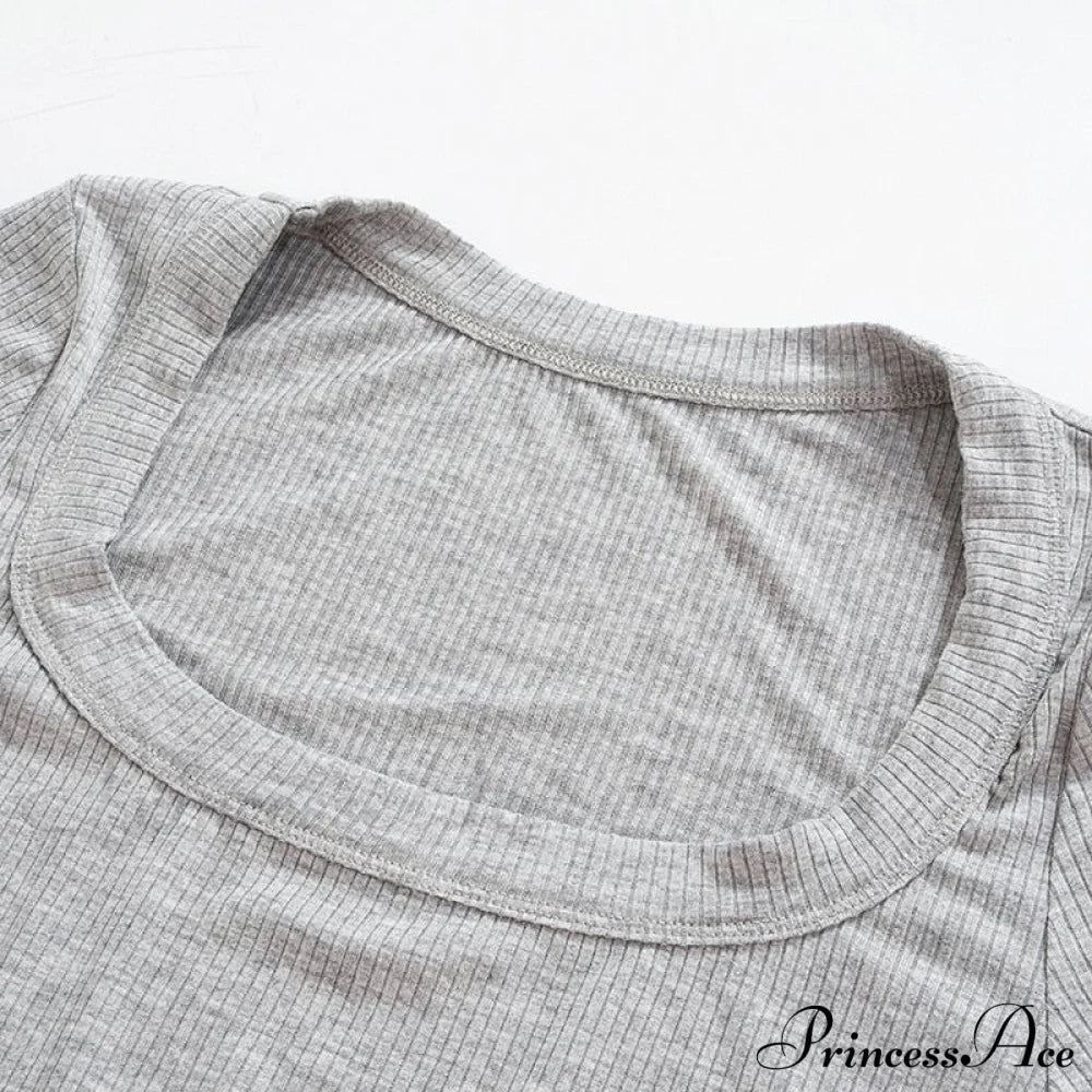 Grey Ribbed Long Charming Sleeve Crop Top