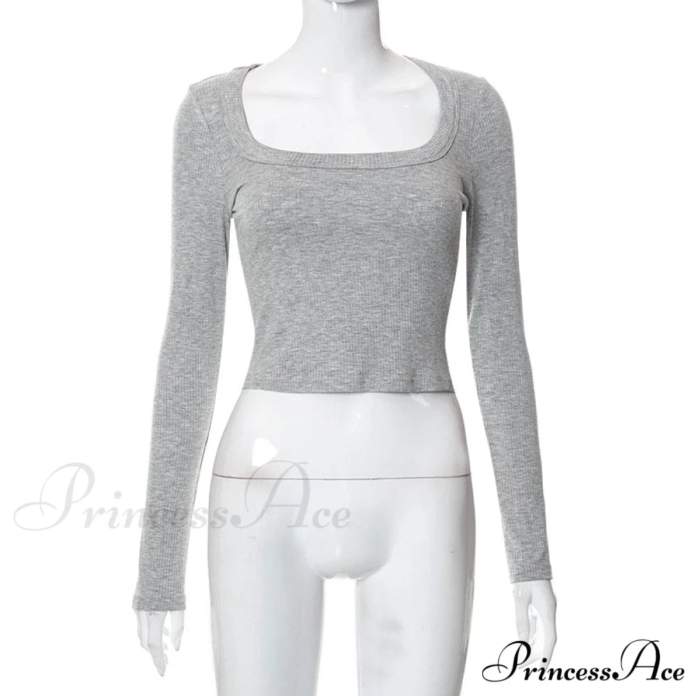Grey Ribbed Long Charming Sleeve Crop Top
