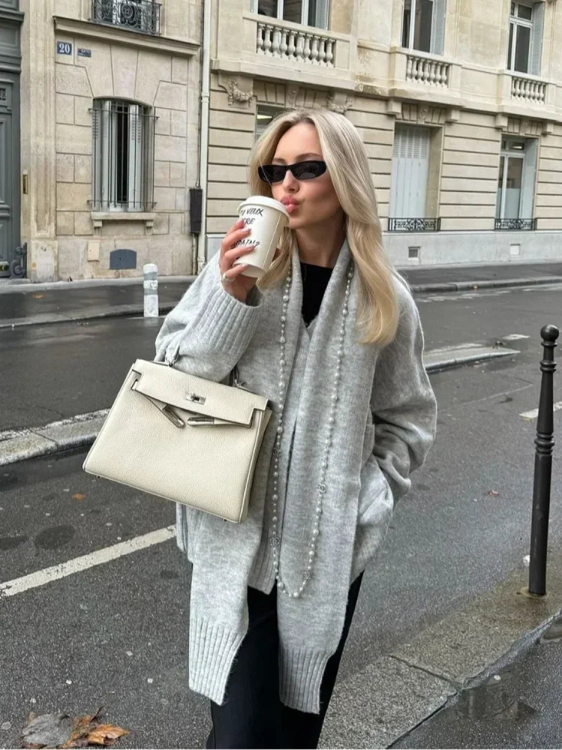 Grey Scarf Collar Loose Cashmere Cardigan