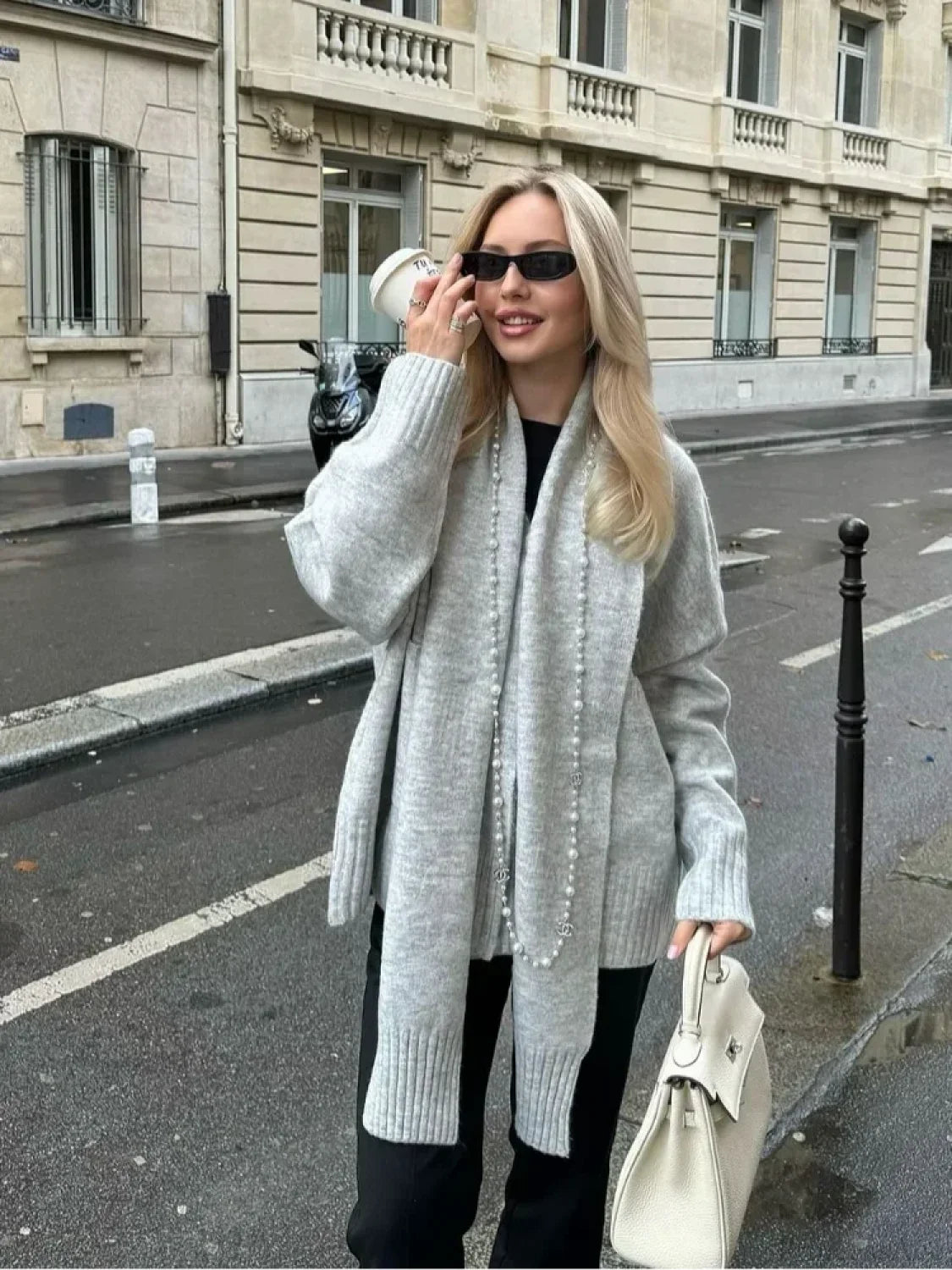 Grey Scarf Collar Loose Cashmere Cardigan