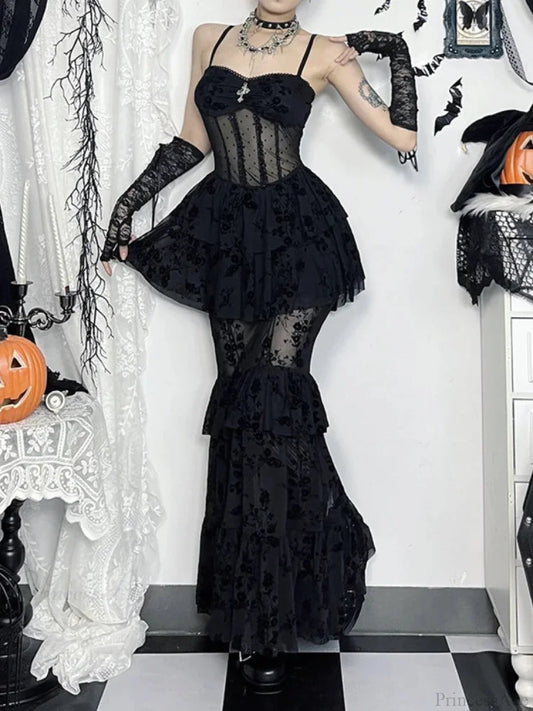 Group Transparent Bodice Full-Length Dress Black / S