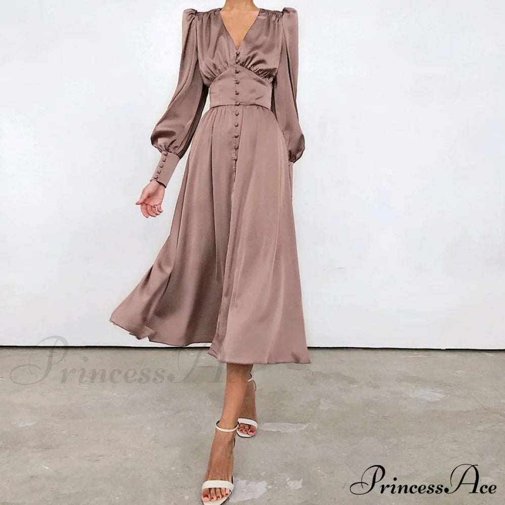 Guest Wedding Satin Full-Length Silk Gown Mid-Calf Empire Evening Vintage Party Buttons Dress Dusty