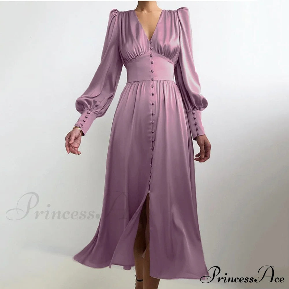Guest Wedding Satin Full-Length Silk Gown Mid-Calf Empire Evening Vintage Party Buttons Dress