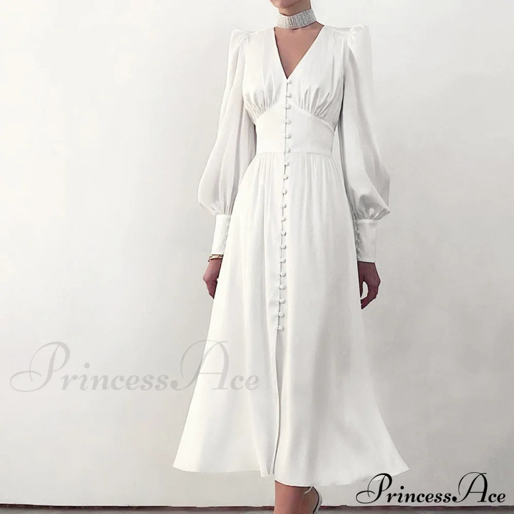 Guest Wedding Satin Full-Length Silk Gown Mid-Calf Empire Evening Vintage Party Buttons Dress White