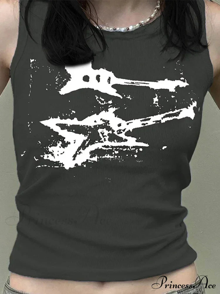 Guitar Print Sleeveless Y2K Casual Ribbed Women Crop Harajuku Fashion Vest 90S Street Outfits Tank