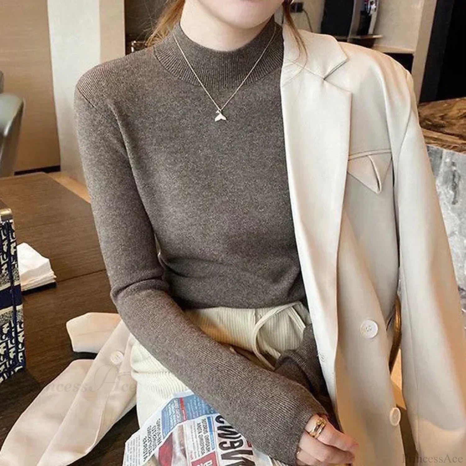 Half High Collar Crochet Y2k Sweater dark grey / One Size