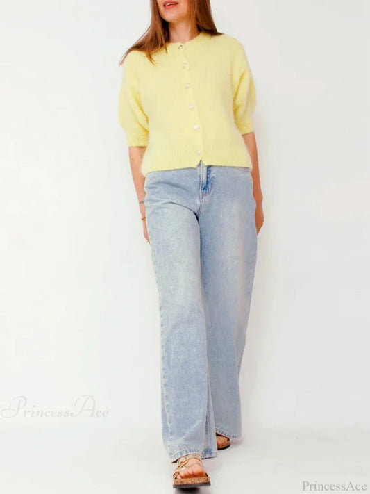 Half Sleeve O Neck Button-Up Knit Cardigan