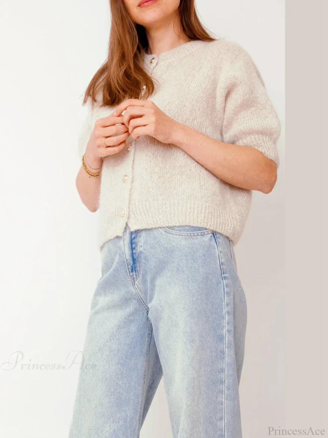 Half Sleeve O Neck Button-Up Knit Cardigan white / S