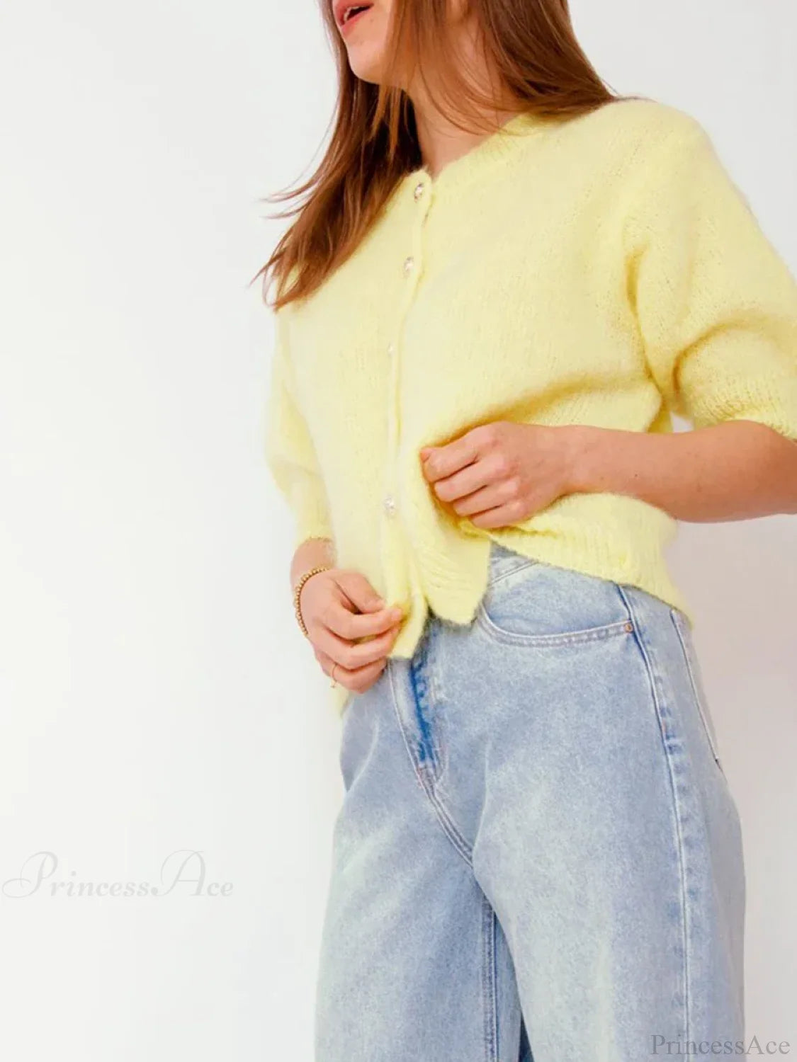 Half Sleeve O Neck Button-Up Knit Cardigan yellow / S