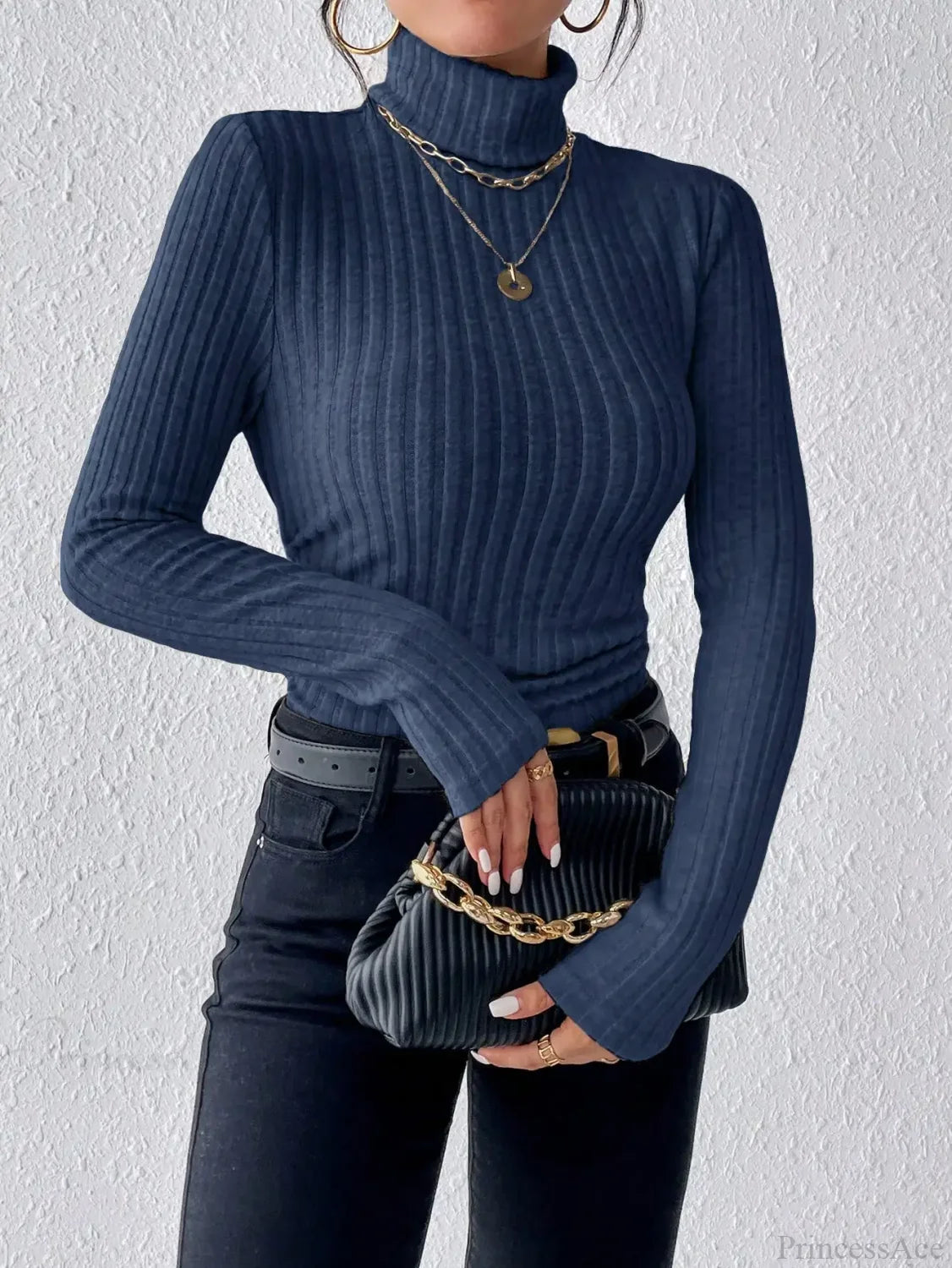 Half Turtleneck Sweater Slim Long Sleeve Knit Top Women Navy blue2 / XS knittop-250126