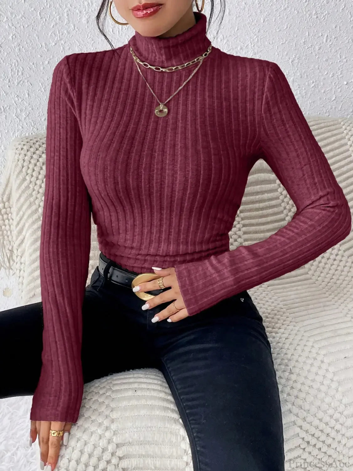 Half Turtleneck Sweater Slim Long Sleeve Knit Top Women Wine red / XS knittop-250126