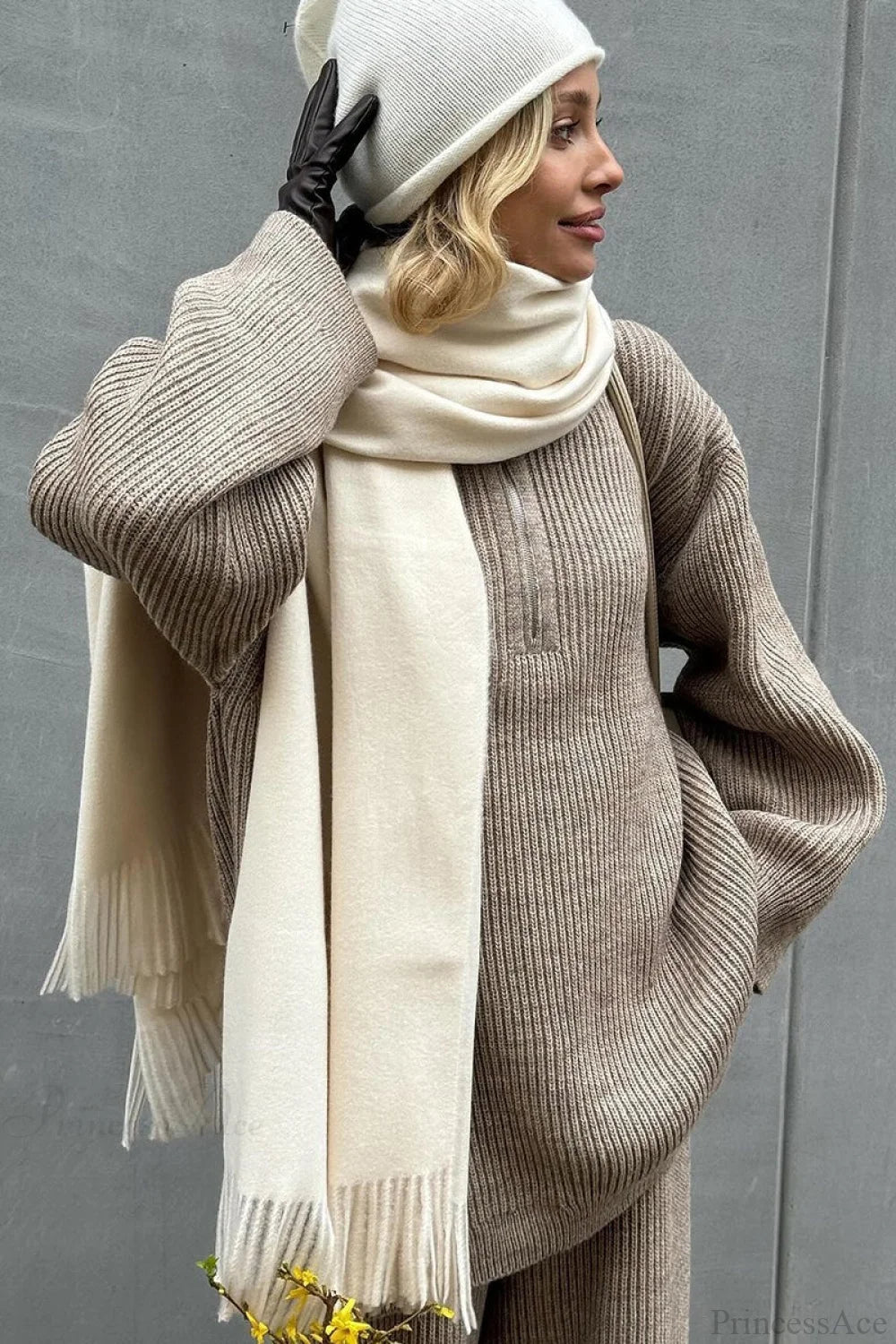 Half-Zip Knit Collared Long Sleeve Wide Leg Two Piece Set